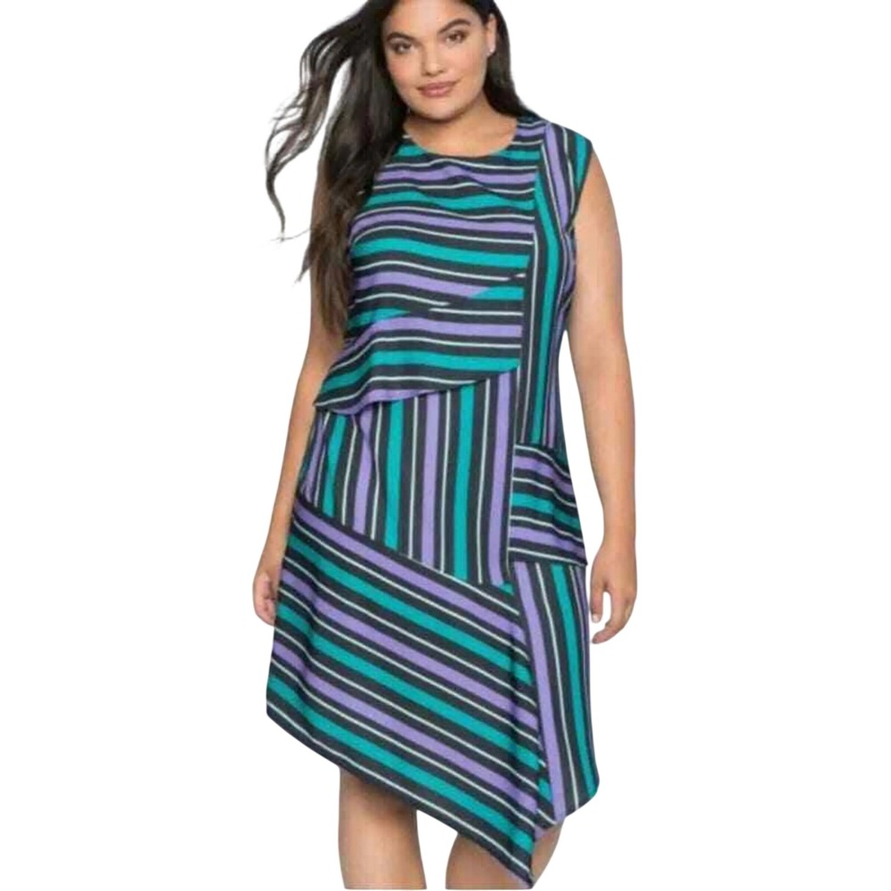 Eloquii Plus Size 16 Dress Teal Purple Striped Asymmetric‎ Tiered Shift 786